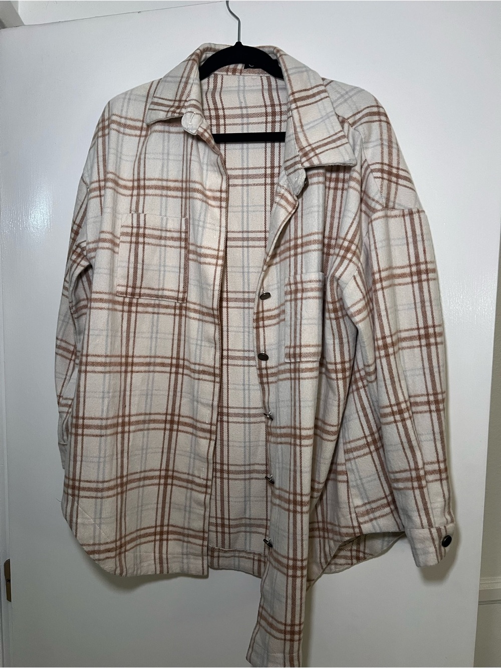 Neutral Plaid Utility Shirt Jacket - Cream & Brown